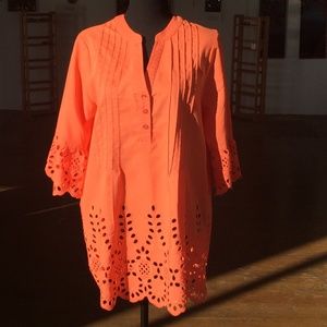 Orange 3/4 sleeve laser cut mid length tunic top
